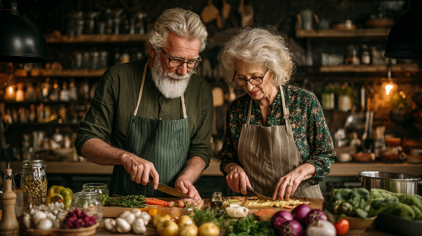 Щаслива пара старшого віку готує здорову їжу на кухні